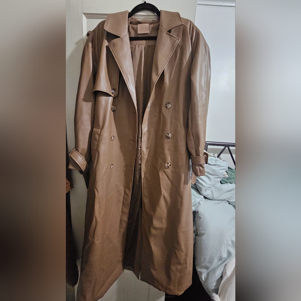 Tan Double-Breasted Trench Coat with Belt/ Faux Leather - Picture 8 of 8